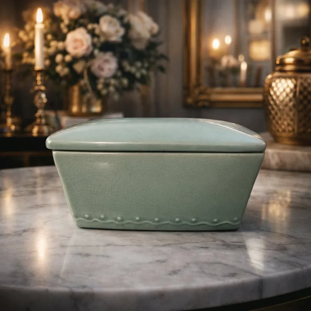 Pier 1 Celadon Crackle Keepsake Box NEW | Ceramic Jewelry Box Quiet Luxury Decor